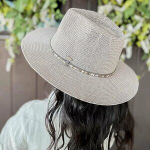 NWT Light Grey Rhinestone Panama Hat | Multi Thread Trim | SPF 50 Sun Protection